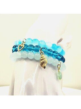 Blue Beach Bracelet Stack, Coastal Bracelet Set, Ocean Inspired Jewelry, Shell C